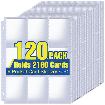 ZENOWICK 2160 Pockets Card Sleeves Binder Sheets | 9 Pocket Card Sleeves for 3 Ring Binder, Trading Cards Sleeves Fit for Baseball, Football, Game, Business Cards(120 Pages) - size: 120 Pack