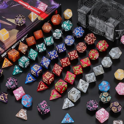 CiaraQ Polyhedral Dice with Engraved Designs & Drawstring Pouch | 26 acrylic dice sets – 182 pcs total, 7 per set (D4-D20). Lightweight & durable. Great for D&D & tabletop games. Ages 14+. - color: 26 Colors - Engraved Pattern Style
