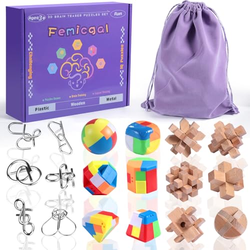 Brain Teaser Puzzles for Adults and Kids, 18Pcs Puzzle Games Set, 3D Wooden Plastic Metal Puzzle, Unlock Interlock Mind Brain Games, IQ Test Educational Toy - style: Medium-18PCS