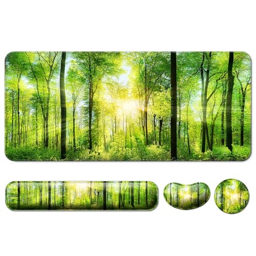 4 in 1 Mouse Pad and Keyboard Wrist Rest,Large Desk Mat,Coaster Set-Forest | Desk Matt For Desktop Wrist Rest Support XXL Gaming Cute Ergonomic for Computer Laptop Women Office Home Decor - color: C3-sunlight Forest