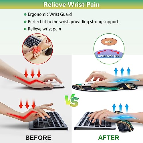 Mouse Pad Green with Wrist Rest Set, 3-in-1 Wrist Support Mousepad | Gaming Mat Pad with Anti-Skid Base,Ergonomic Mouse Pad ,Memory Foam Gel Wrist Rest for Computer Keyboard - color: Dark Green Marble