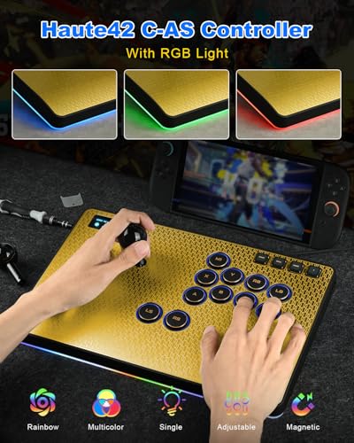Haute42 Leverless Controller Arcade Stick: Magnetic Arcade Stick CAS with RGB ,Premium Aluminum Haute42 CAS Fightstick for PC/PS3/PS4/Switch Game with Lock Button Support Hot Swap & SOCD（Gold）