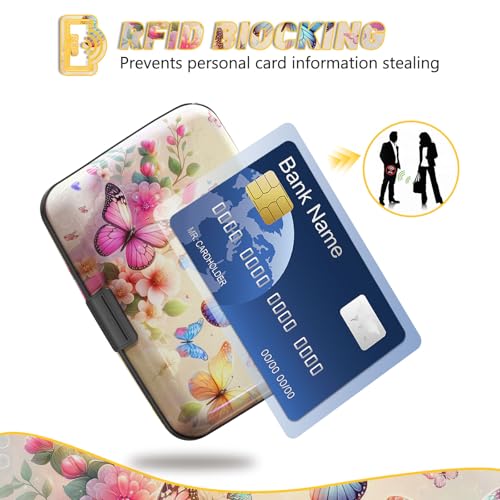Credit Card Holder, Colorful Butterfly Mini RFID Small Aluminum Card Wallet | Blocking Slim Metal Business Card Case, RFID Blocking Front Pocket Wallet Hard Case Durable CC Holder for Women Girl - color: Colorful Butterflies