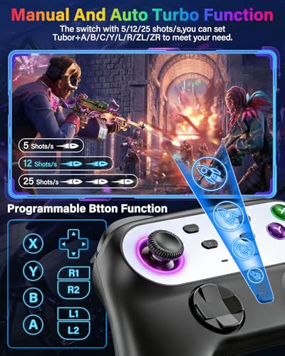 Switch Controller Compatible with Nintendo Switch/Switch Lite/OLED/PC | Programmable Wireless Switch Controller with 10 LED Light, 6-Axis Motion, Turbo, Vibration, One-Key Wake Up & Pairing - color: black and white