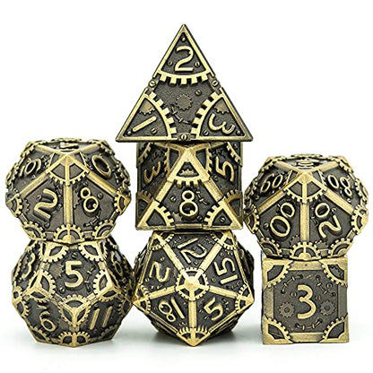 UDIXI Metal DND Dice Set 7PCS Polyhedral Dice Set for D&D Role Playing Game | Ancient Bronze, Steampunk Gear Carved, Solid Metal, Metal Gift Box, DM Gift, for Dungeons and Dragons RPG Tabletop Games - color: Gear-antique Bronze