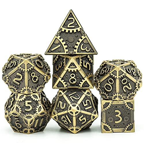 UDIXI Metal DND Dice Set 7PCS Polyhedral Dice Set for D&D Role Playing Game | Ancient Bronze, Steampunk Gear Carved, Solid Metal, Metal Gift Box, DM Gift, for Dungeons and Dragons RPG Tabletop Games - color: Gear-antique Bronze