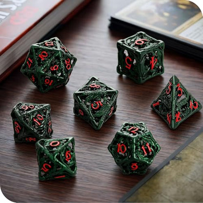 MoKo Dragon Hollow Metal DND Dice Set, Green+Red | 7 Pcs Polyhedral, D20 D12 D10 D8 D6 D4, For Dungeons and Dragons RPG Games, With Gift Box - color: 4 - Dark Green+red