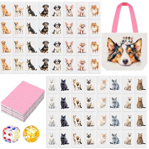 Hollowfly 2 Player Mahjong Block Set with Storage Bags 65 Tiles 30 mm Mahjong Push Tile Game with Animals Pattern No DIY Required for Friend Family Game Night Party Gift - style: Dog and Cat