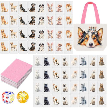Hollowfly 2 Player Mahjong Block Set with Storage Bags 65 Tiles 30 mm Mahjong Push Tile Game with Animals Pattern No DIY Required for Friend Family Game Night Party Gift - style: Dog and Cat