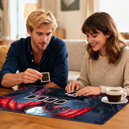 for MTG Playmat TCG Card Game Mat with Stitched Edges,Board Game Mats Non-Slip Waterproof Rubber Base 24 x 14 inch for CCG RPG DTCG Trading Card,Red Dragon Moon - color: Red Dragon Moon