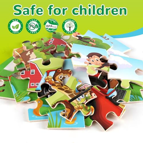 Wooden Puzzles Toys for Kids Ages 3-5, Set of 4 Packs with 20-Piece Farm, Animals Theme Wood Jigsaw Puzzles, Preschool Educational Brain Teaser Toys for Boys and Girls 3-6 Years Old. - color: Animals