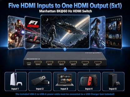 Manhattan HDMI Switch 5 in 1 Out, 8K 60Hz, 4K 120Hz, HDR, IR Remote, Metal Housing, 48Gbps, HDCP 2.3-208482 - size: 5 In x 1 Out