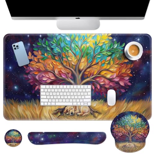 Britimes Colorful Tree Oil Painting Keyboard Mouse Pad Set Cute Dog 4in1 Large Mousepad+Keyboard Wrist Rest+Mouse Wrist Rest+Coaster Ergonomic Design for Home Office Computer 35.4x15.7 inches - color: Colorful Tree