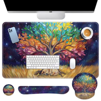 Britimes Colorful Tree Oil Painting Keyboard Mouse Pad Set Cute Dog 4in1 Large Mousepad+Keyboard Wrist Rest+Mouse Wrist Rest+Coaster Ergonomic Design for Home Office Computer 35.4x15.7 inches - color: Colorful Tree