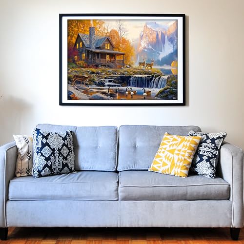 Think2Master Cabin by the Falls 500 Pieces Large Format Jigsaw Puzzle: 13+, Teens, Adults & Families. Scenic Autumn Mountain Landscape with Log Cabin, Waterfall. Great Gift. Size: 26.8” X 18.9” - style: Cabin by the Falls