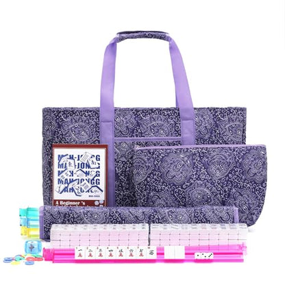 American Mahjong Tile Set with Purple Printed Carrying Bag, 166 Premium White Tiles, 4 All-in-One Color Racks/Pushers, Mah Jongg Sets, Complete Mahjong Game Set for Travel - color: Purple Print