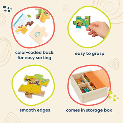 B. toys Wooden Puzzle Set, Pack o' Puzzles Trucks, 4 x 12 Pieces, Wood Toys | 4 truck-themed wooden with storage box, color-coded backs, easy-hold pieces, 48 puzzle pieces, Trucks, Wood Toys, 3+ Years - style: Trucks