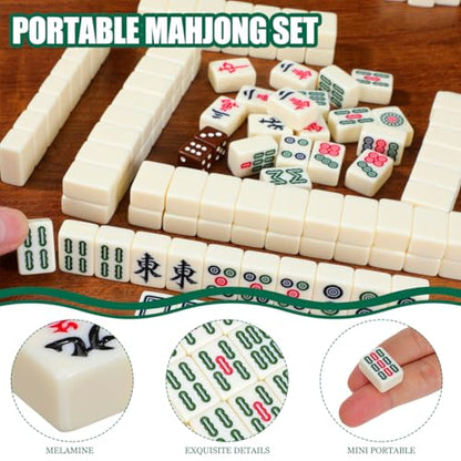 BESTOYARD Portable Mini Travel Mahjong Tile Set Chinese Mahjong Game with 146 Brown Carrying Case for Adult Beginner Players and Elderly, Travel-Friendly Family Gatherings and Leisure Activities