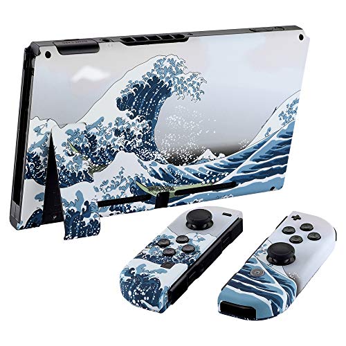 eXtremeRate DIY Replacement Shell Buttons for Nintendo Switch, Soft Touch Back Plate for Switch Console, Custom Housing Case with Full Set Buttons for Joycon Handheld Controller - The Great Wave - color: The Great Wave