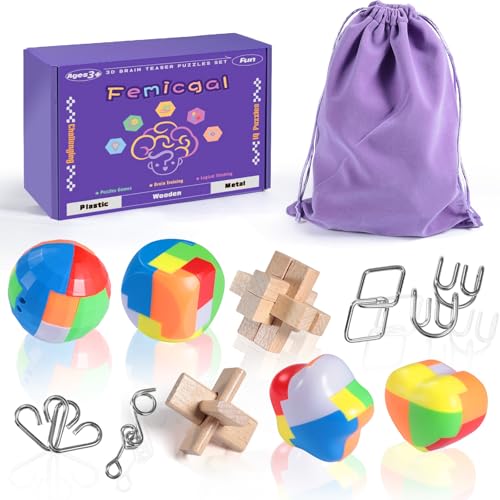 Brain Teaser Puzzles for Adults and Kids, 10Pcs Puzzle Games Set, 3D Wooden Plastic Metal Puzzle, Unlock Interlock Mind Brain Games, IQ Test Educational Toy - style: Basis-10PCS