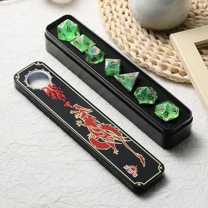 DNDND Full 7 Piece Sharp Edge Dice Set with Carton Stickers for Dungeons and Dragons D&D Table Games (Green with Carton) - color: Carton Green