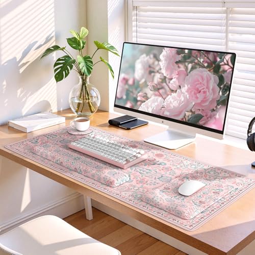 iLeadon Pink Desk Mat Set, Ergonomic Mouse Pad with Wrist Rest | Non-Slip Base Gaming Mouse Pad with Keyboard Wrist Pad, Anti-Fatigue Desk Mat with Wrist Support for Office Home - color: Pink