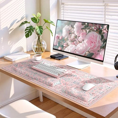 iLeadon Pink Desk Mat Set, Ergonomic Mouse Pad with Wrist Rest | Non-Slip Base Gaming Mouse Pad with Keyboard Wrist Pad, Anti-Fatigue Desk Mat with Wrist Support for Office Home - color: Pink