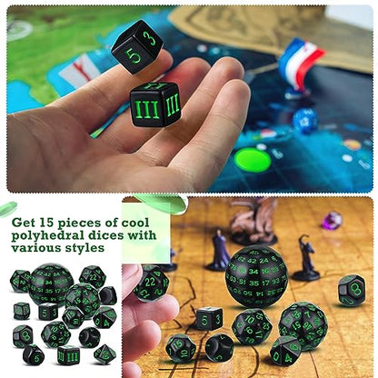 Civaner 15 Pcs Complete Polyhedral Dice Set D3-D100 Spherical RPG Dice Set in Opaque Black, 100 Sides for Role Playing Table Games Party Supplies(Black and Green) - color: Black and Green