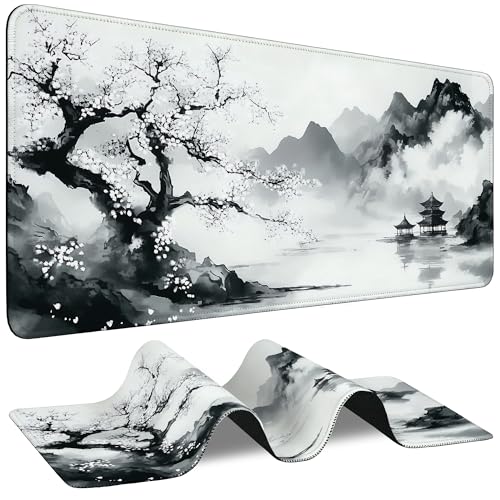 Large Mouse Pad Black and White Cherry Blossoms Waterproof Extra Large Mousepad with Stitched Edges Non-Slip Rubber Base Computer Protector Desk Pad for School Office Home 35.4"X 15.7" - color: Cute Green Frog Plant