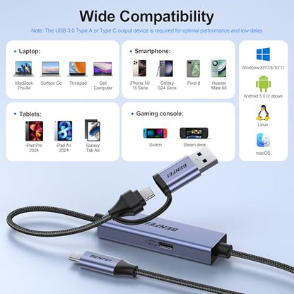BENFEI USB C Video/Audio Capture Card Supporting Full HD 1080P 60FPS for Streaming, Recording, Gaming, Compatible with Switch, PS4, PS5, Xbox, Work with PC/Windows/Mac OS