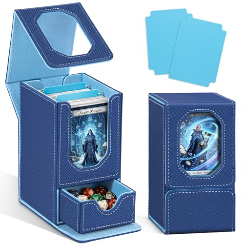 Card Deck Box for MTG Commander, Fits 100+ Double-Sleeved Cards Card Case | with Detachable Dice Tray, 2 Dividers, Removable lid, Trading Card Storage Box, Sturdy and Durable, Fits TCG/PTCG/Sports Card - color: Dark Blue and Light Blue