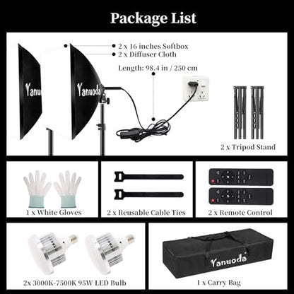 16x16'' Softbox Lighting Kit 2 Pack with 95W LED Bulbs, Remote Control, CRI97 Studio Lights for Photography Video Recording YouTube TikTok Zoom Streaming - size: 2-Pack
