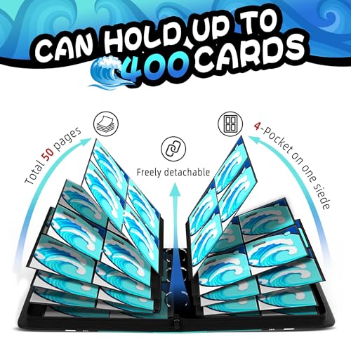 Trading Card Binder 4 Pocket,400 Pocket Card Collection Binder with 50 Removable Sleeves,PU Waterproof Top Card Book,3-Ring Zipper Collectible Trading Card Album for MTG/TCG/Card Holder Gift（Water） - color: Water, size: Small