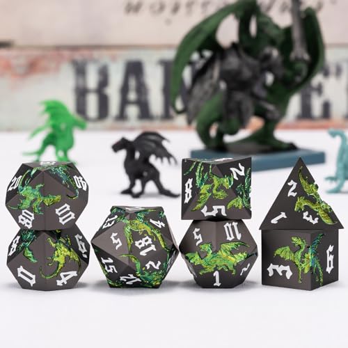 Dungeons and Dragons Dice DND Metallic Dragon Dice Set Sharp Edged Dice Set with Box, Polyhedral D&D Role Playing Game D&D Dice Set D20 D12 D10 D8 D6 D4 - color: Dragon-pearl Gun Sparkling Green