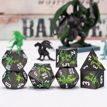 Dungeons and Dragons Dice DND Metallic Dragon Dice Set Sharp Edged Dice Set with Box, Polyhedral D&D Role Playing Game D&D Dice Set D20 D12 D10 D8 D6 D4 - color: Dragon-pearl Gun Sparkling Green