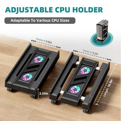 CABTE Adjustable CPU Holder with Cooling Fan and RGB Light | Mobile CPU Holder with 4 Rolling Casters, Under Desk Computer Tower Stand PC Floor Cart PC Riser for Office, Home (With Fan) - color: With Fan