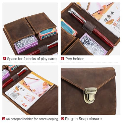 CONTACTS Full Grain Leather Playing Card Case for 2 Decks | Handmade, Playing Card Holder, A6 Notepad Pocket, Poker Card Travel Case for Adults - size: Standard