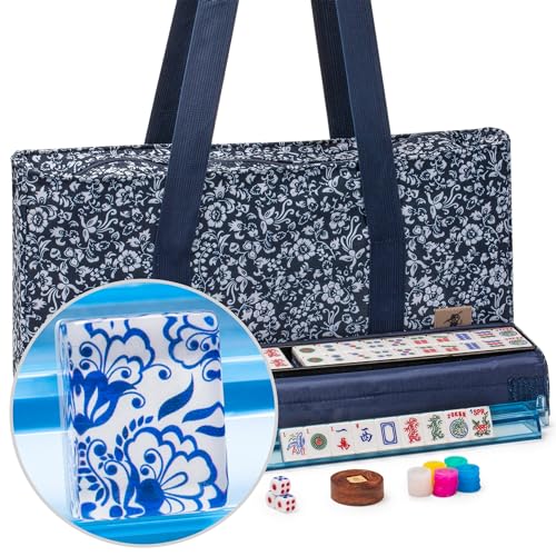 Yellow Mountain Imports American Mahjong Set, Chinoise II with Floral Blue Soft Case - All-in-One Racks with Pushers, Wright Patterson Betting Coins, Dice, & Wind Indicator - color: Chinoise