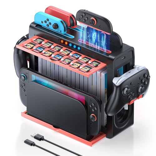 FASTSNAIL Organizer Station for Nintendo Switch 2, Charging Dock for Joycon | Switch 2/1 Compatible, Retractable Storage Stand, Charge 4 Joypads Simultaneously, Holds 16 Discs+14 Game Card+Pro Controller