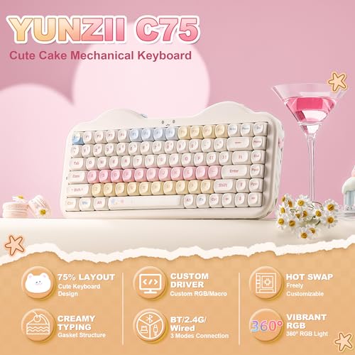 YUNZII C75 Wireless Mechanical Keyboard,75% Layout, Hot-Swappable NKRO,BT5.0/2.4G/USB-C Mode,Dye-Sub PBT MOA Keycaps,RGB Gasket Mount,Cute Cake Design for Mac/Win/Gaming (Beige, Milk V2 Switch) - color: Beige, size: Milk V2 Switch
