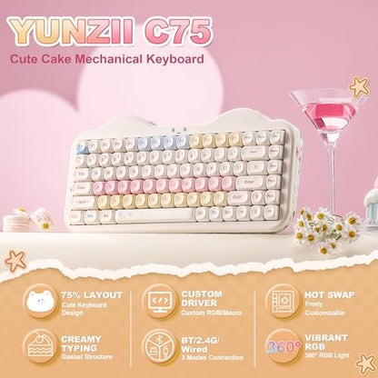 YUNZII C75 Wireless Mechanical Keyboard,75% Layout, Hot-Swappable NKRO,BT5.0/2.4G/USB-C Mode,Dye-Sub PBT MOA Keycaps,RGB Gasket Mount,Cute Cake Design for Mac/Win/Gaming (Beige, Milk V2 Switch) - color: Beige, size: Milk V2 Switch