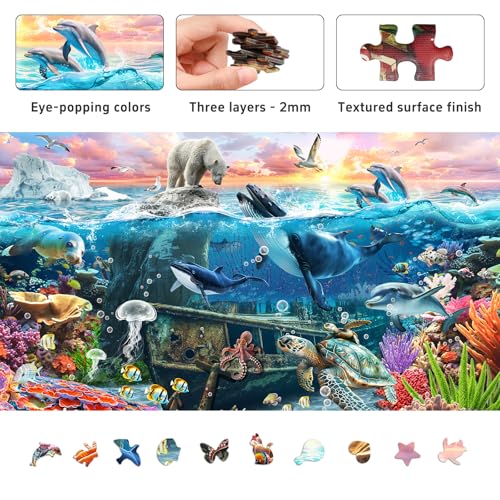 1000 Piece Jigsaw Puzzle for Adults, Underwater Ocean Puzzle | Underwater Ocean Scene with Marine Life, Unique-Shaped Pieces, Color-Coded Back, 26.6 x 19.2 in - color: Two Worlds, One Ocean