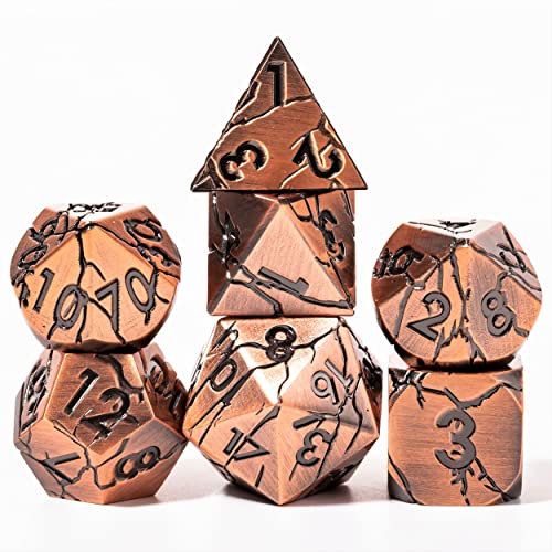 Metal Dice for DND - Ancient Cracked Pharaoh Ruins – Copper | Beautiful 7pc Polyhedral Dice Set, Smooth Rolling, Role Playing Games (RPG), Compatible with D&D, for Dungeons and Dragons - color: Antique Copper