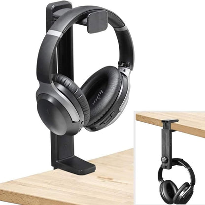 360 Degree Swivel Headphone Stand, 2-in-1 Clamp-on Gaming Headset Holder, Adjustable Under Desk Hanger with Cable Clip Organizer, Space-Saving PC Desktop Accessory, Universal Fit for All Headphones