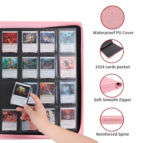 Snekdy premium 1024-pocket trading card binder, 16-pocket cards album, waterproof PU-leather Cover album with side loading, holds gaming, baseball, basketball & sports cards (Pink) - color: Pink