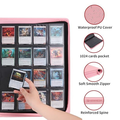 Snekdy premium 1024-pocket trading card binder, 16-pocket cards album, waterproof PU-leather Cover album with side loading, holds gaming, baseball, basketball & sports cards (Pink) - color: Pink