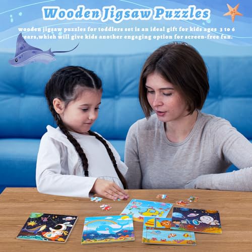 SANNIX 12 Pack Wooden Jigsaw Puzzles with 12 Organize Bags | Ocean and Space Toddlers Puzzles for Kids Ages 3 4 5, Party Favors Educational Learning Travel Toys for Boys Girls - style: Ocean + Space