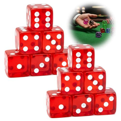 12 Piece 19 mm Casino Style Dice Set, Acrylic Translucent D6 Dice with Square Rounded Edge, Red for Craps, Table Games, Board Games, RPG, MTG, DND(Red) - color: Red