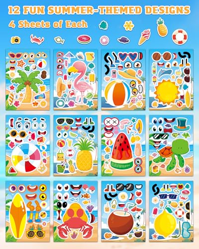 Aowplc 48 Sheets Summer Fun Make-a-Face Sticker Set for Kids – Create Your Own Faces with Beach, Tropical & Animal Stickers – Ideal Summer Crafts, Party Favors & Creative Activities - style: Summer Vibe