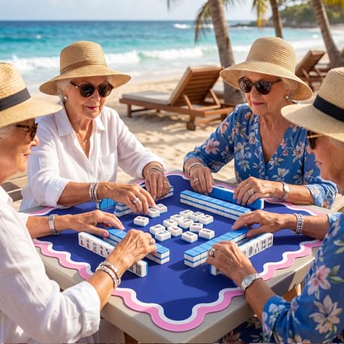 Soulchen Scalloped Navy Blue and Pink American Mahjong Mat with Rules for Table, No Creases, Ships Rolled, 31.5 x 31.5 Non-Slip Noise Reduction Gaming Mat with Carrying Bag for Poker Card Board - color: Navy Blue and Pink, style: Scalloped